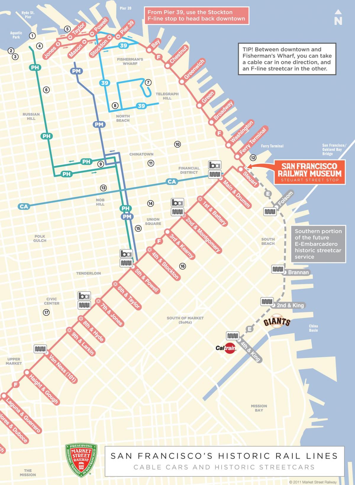 מפה של הרכבל המסלול סן פרנסיסקו ca