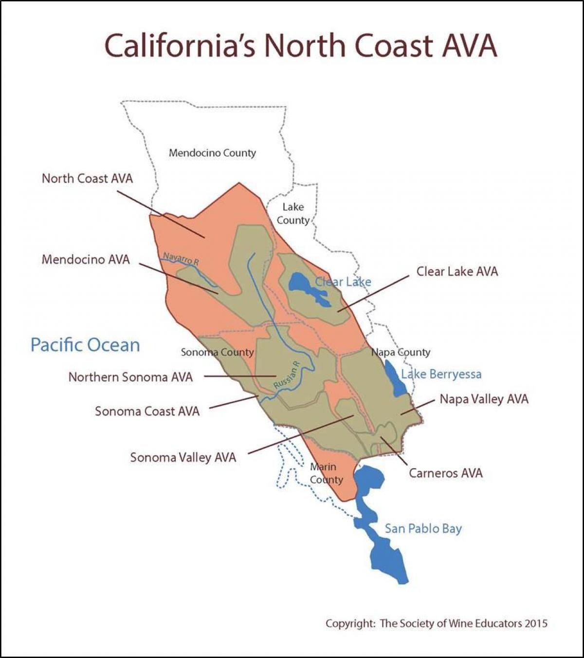 מפת קליפורניה החוף הצפוני של סן פרנסיסקו